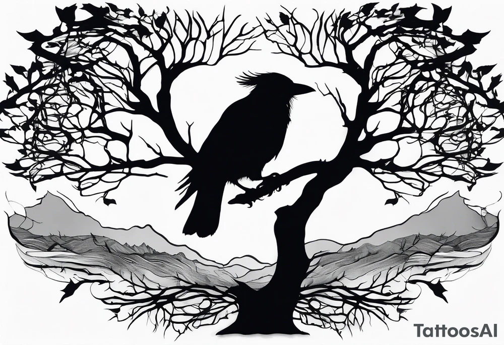 dead tree forming the silhouette of a hooded crow tattoo idea