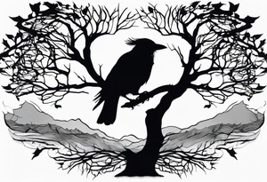 dead tree forming the silhouette of a hooded crow tattoo idea