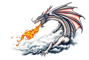 fierce dragon breathing iridescent fire against stormy skies tattoo idea