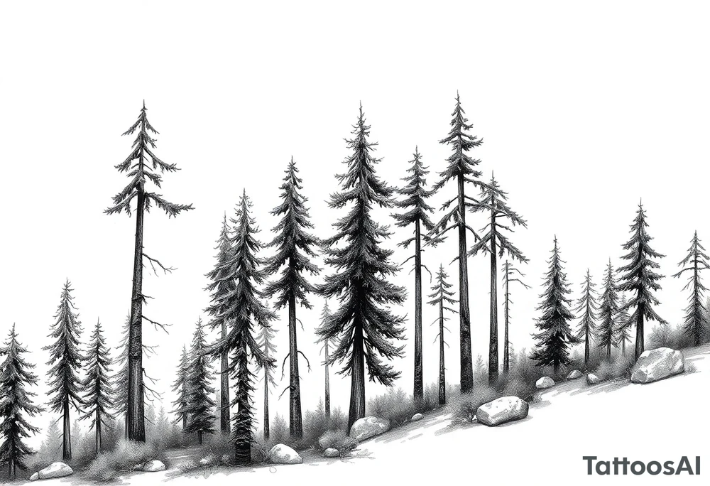 Needle forest with black and gray trees tattoo idea