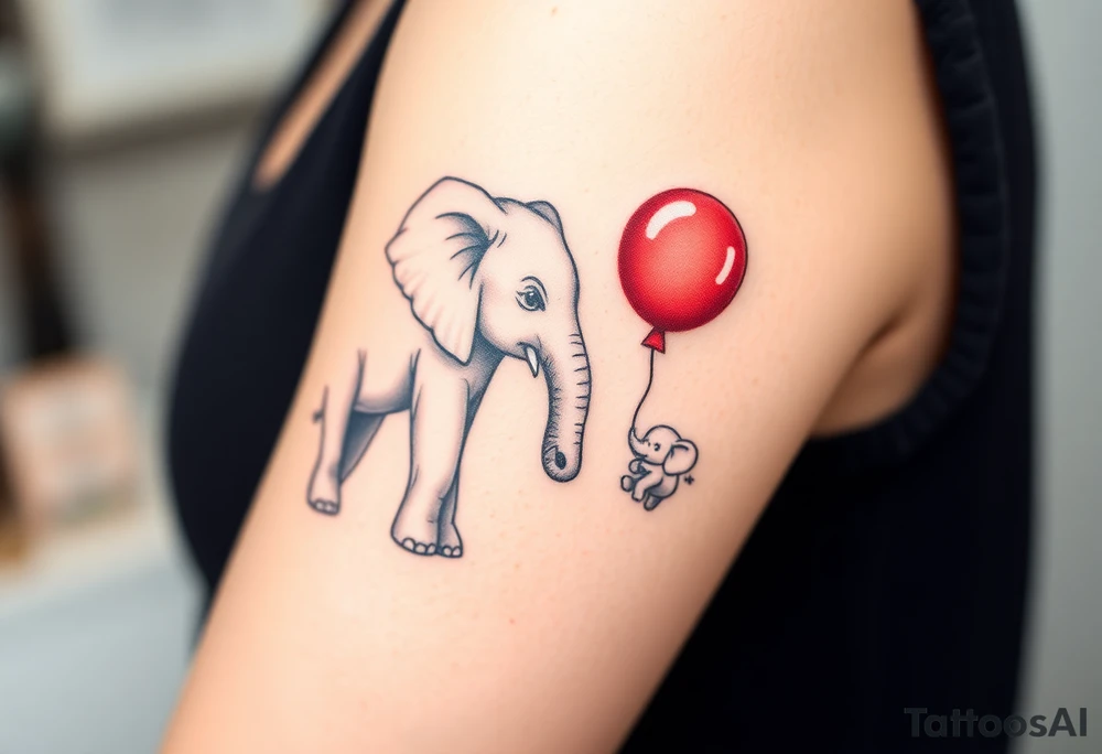 Mother elephant and a baby elephant holding a red balloon with its trunk, symbolizing childhood joy and innocence tattoo idea