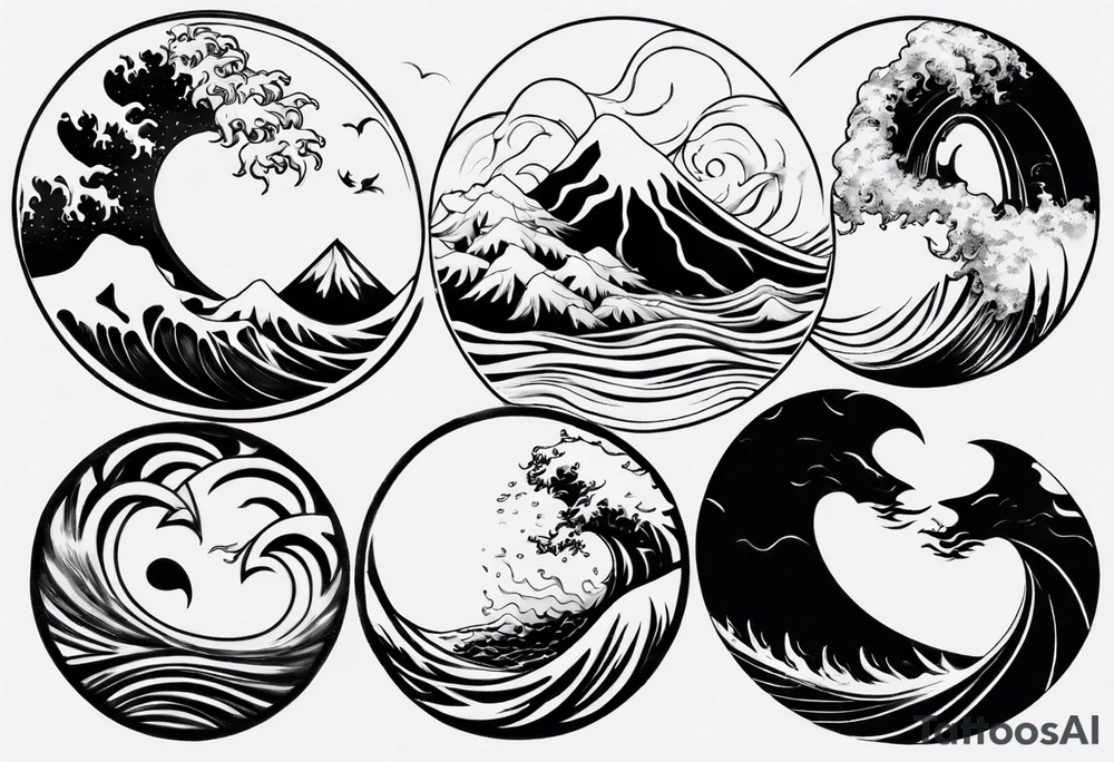 sun and moon in yin yang symbol
over ocean wave and mountains tattoo idea