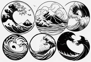 sun and moon in yin yang symbol 
over ocean wave and mountains tattoo idea