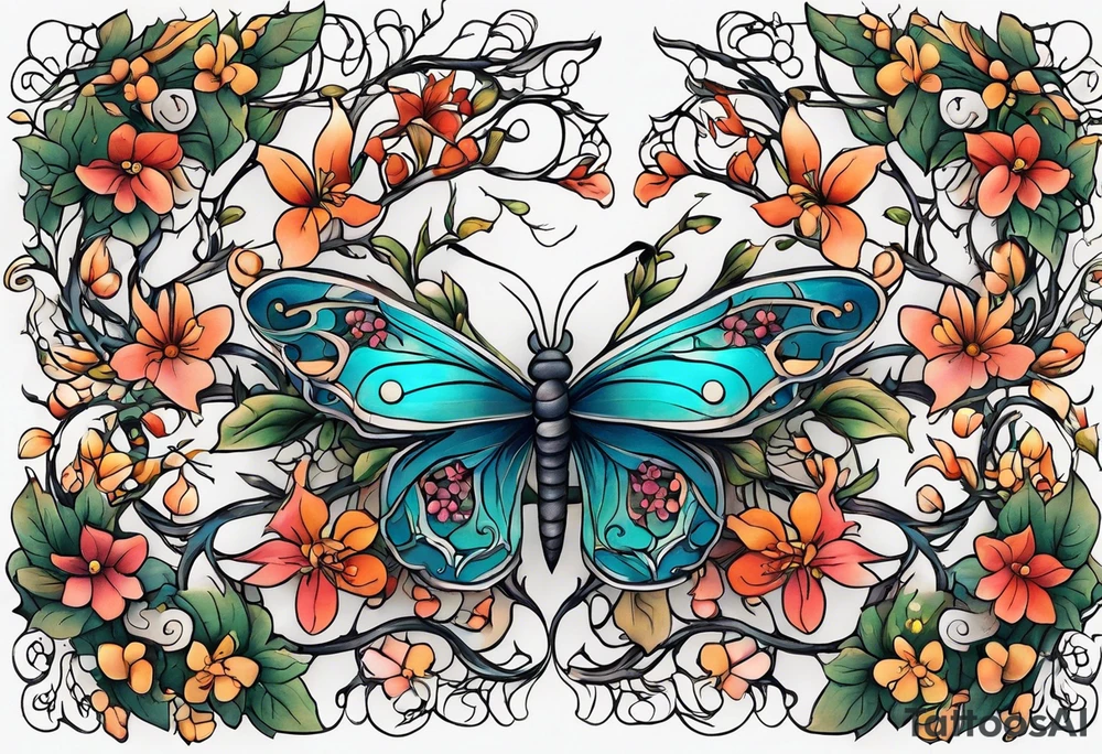Winding branches and leaves and tiny flowers with a small moth tattoo idea
