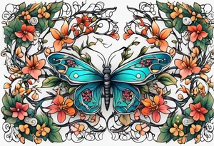 Winding branches and leaves and tiny flowers with a small moth tattoo idea