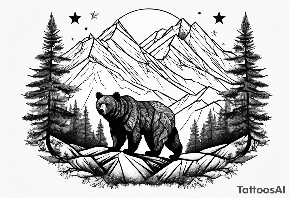 Mountains, travel, adventure, trees, bear, stars tattoo idea