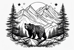 Mountains, travel, adventure, trees, bear, stars tattoo idea