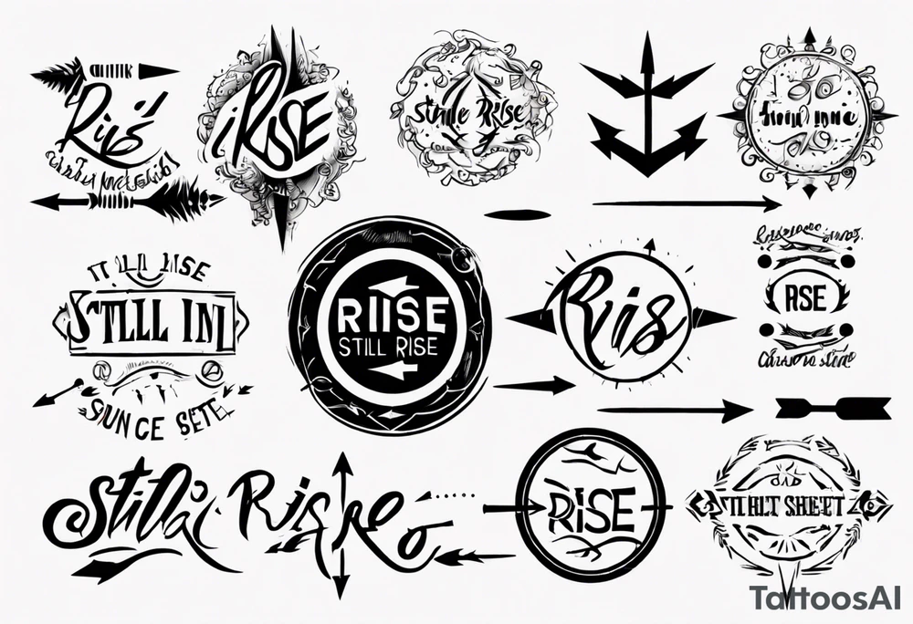 Sentence “still i rise” , with a circle around it thin lines, arrow coming out sides lettering tattoo idea