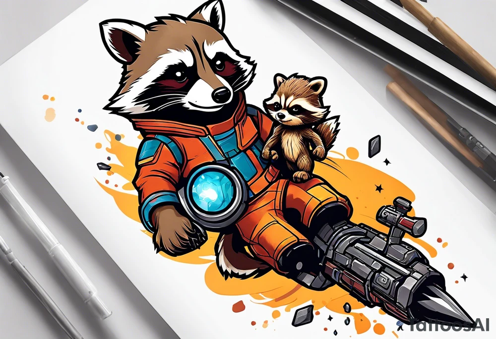 Disney guardians of the galaxy rocket playing with little groot tattoo idea