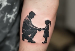 Tattoo of a father kneeling to tie his daughter’s shoes, drawn in detailed silhouette with slight warm gray shading. tattoo idea
