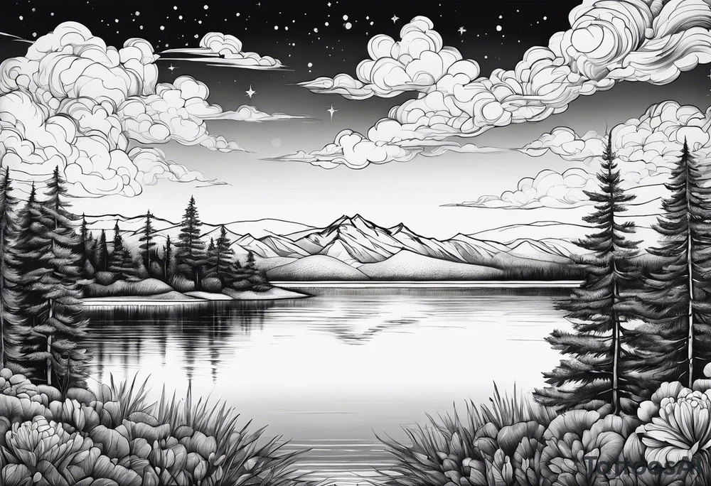Lake surrounded by dawn sky tattoo idea