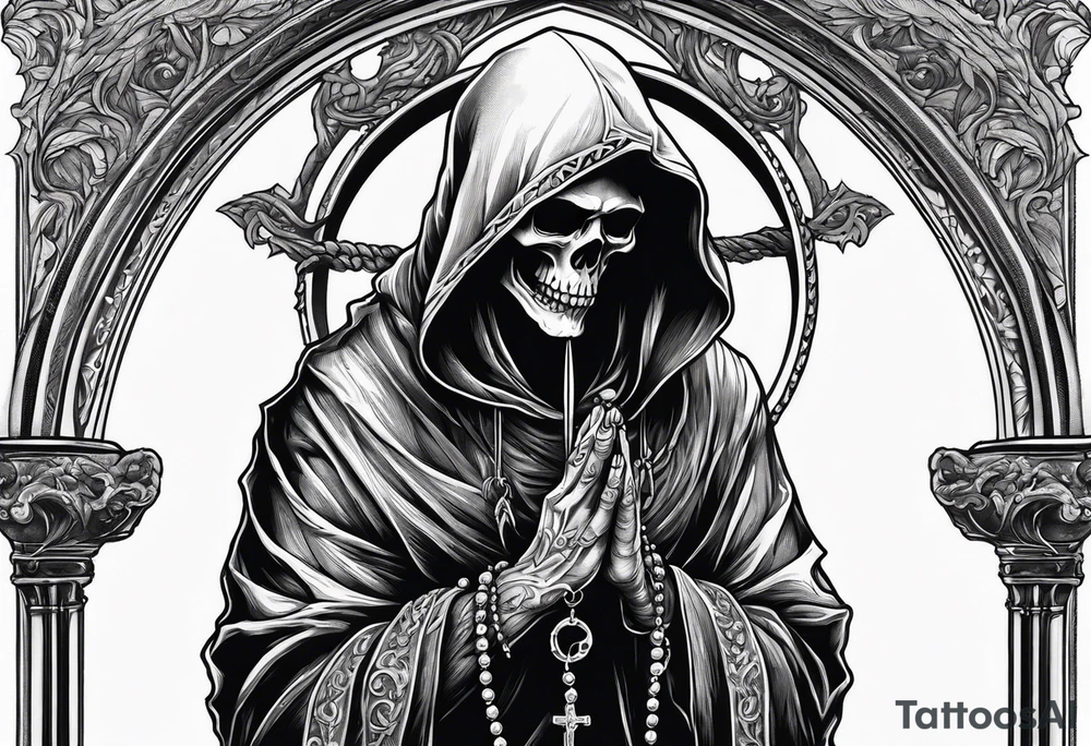 The grim reaper standing from a side profile praying with a rosary wrapped around his hands tattoo idea