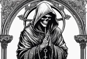 The grim reaper standing from a side profile praying with a rosary wrapped around his hands tattoo idea