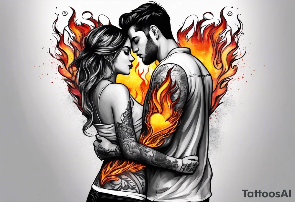 In thiele sfumato. A girl with an empty heart and a guy with a burning heart. They stand back to back tattoo idea