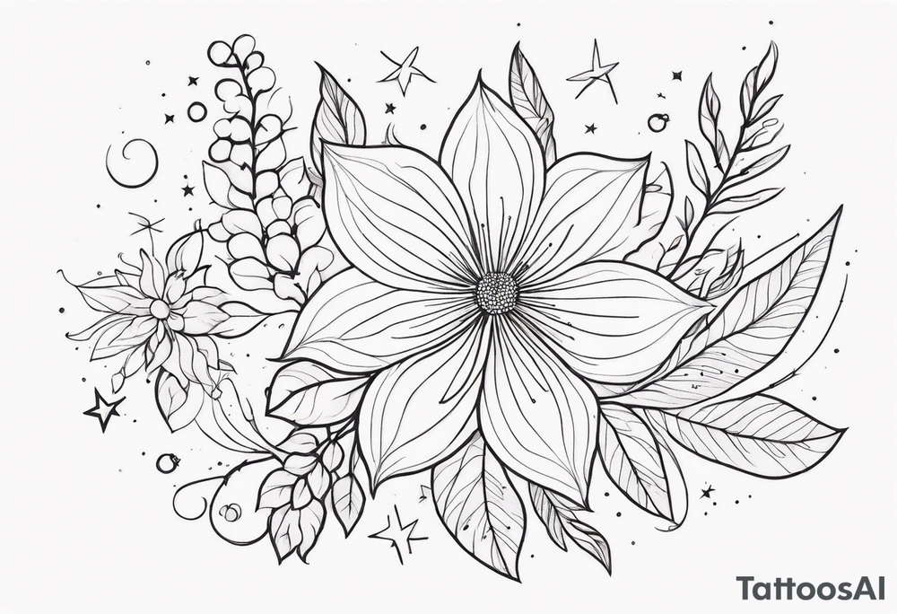 fine line floral with stars, swirls, dots tattoo idea