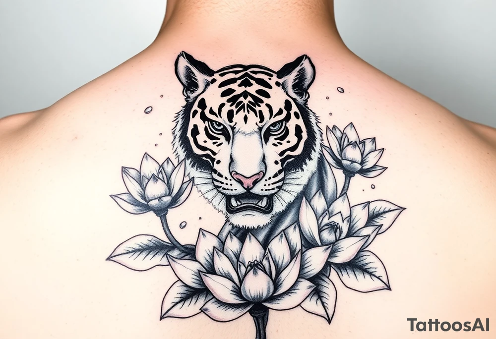 fierce tiger emerging through blooming lotus flowers in mist tattoo idea