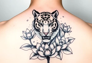 fierce tiger emerging through blooming lotus flowers in mist tattoo idea