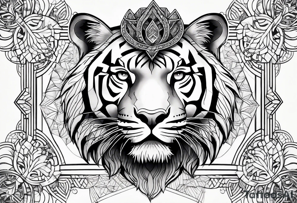 Tree of life and sacred geometry with a tiger and a crown tattoo idea