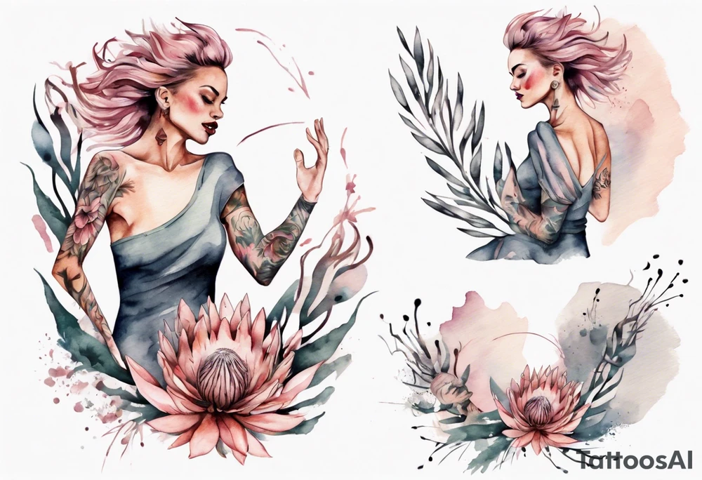Very feminine tattoo with a woman dancing in a wind of protea flowers tattoo idea