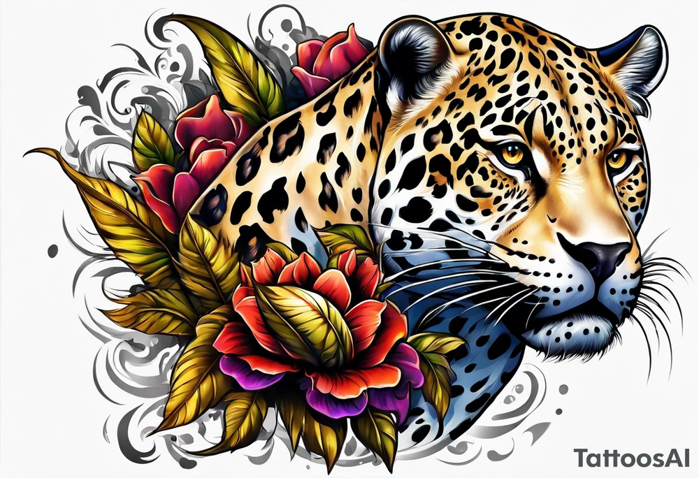 An aggressive jaguar walking towards you with big paws tattoo idea