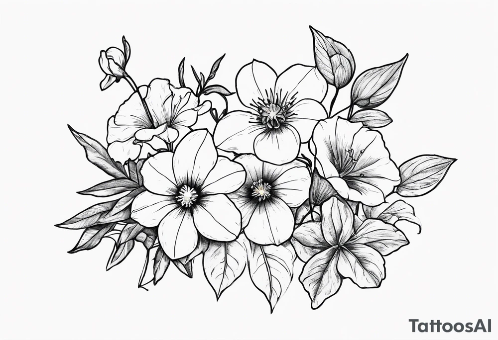 Birth flowers with violets, larkspur, aster, morning glory tattoo idea