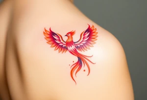 Square, phoenix rising from fire with both wings opened, colors red, pink, orange and purple. tattoo idea