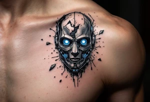 A shattered robotic mask revealing human skin underneath, glowing in dark gunmetal, electric blue, and black shadows. tattoo idea