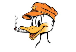 Daffy duck  smoking a rolled cigarette with a Vietnam veteran hat on and make his eyes stoned and chill looking tattoo idea