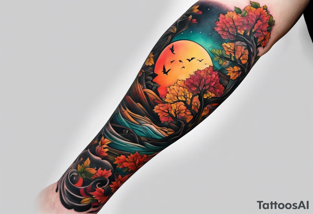 Arm Sleeve Tattoo with fall colors flat tattoo idea