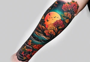 Arm Sleeve Tattoo with fall colors flat tattoo idea