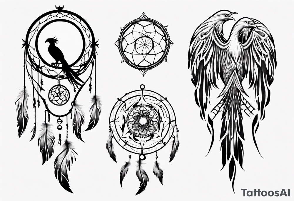 Fire Phoenix flying blending into dream catcher tattoo idea Fire Phoenix flying blending into dream catcher tattoo idea