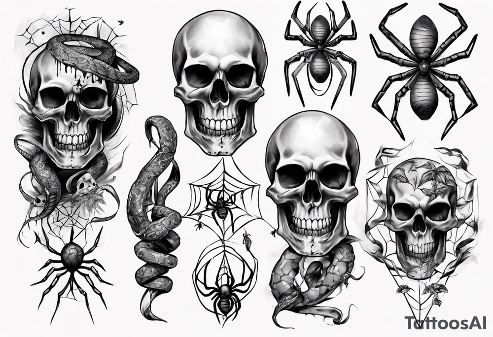 Black skull sleeve tattoo with spiders and snake tattoo idea Black skull sleeve tattoo with spiders and snake tattoo idea