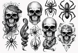 Black skull sleeve tattoo with spiders and snake tattoo idea