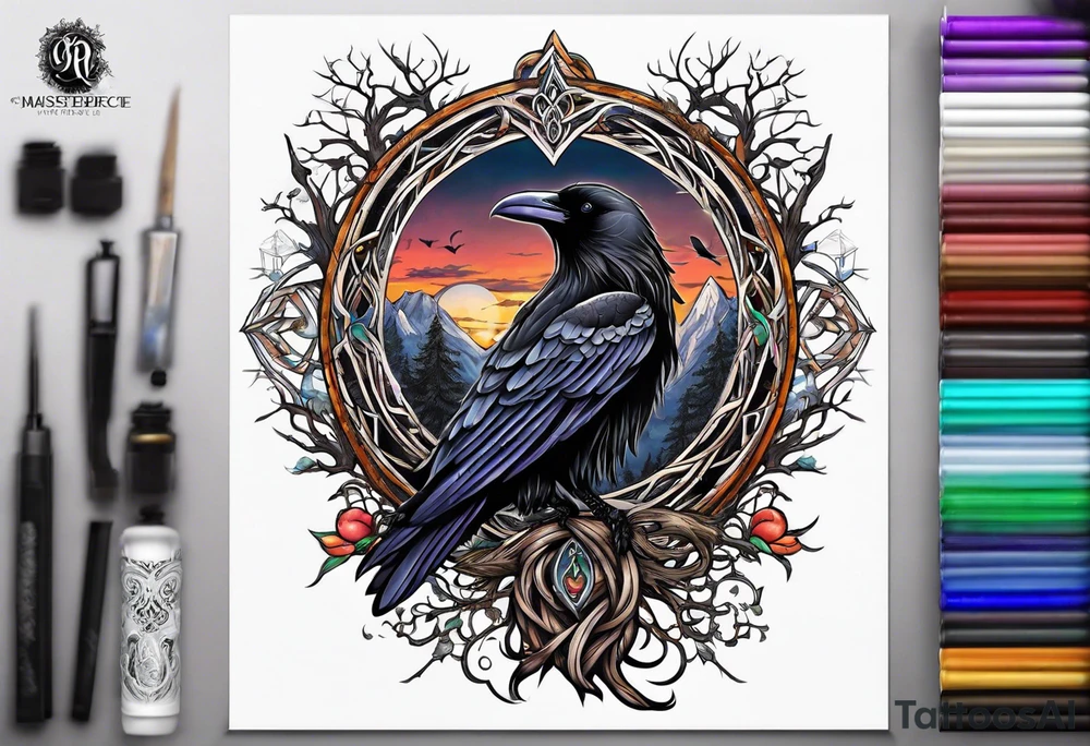 world tree with a raven and urnes style knotwork sleeve tattoo tattoo idea