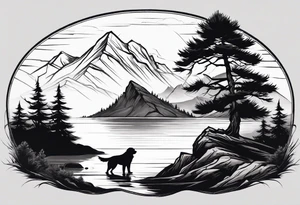 Sleeve tattoo windswept pine tree before lake with low cliff face on another side of lake. Mastiff silhouette in the foreground. tattoo idea