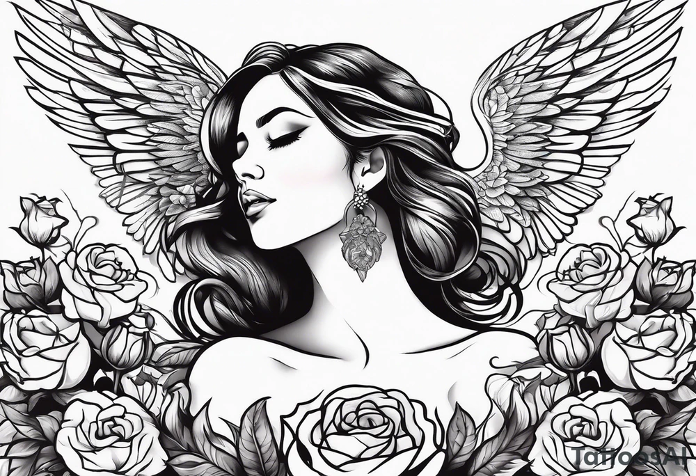 Beautiful woman angle with wings standing surrounded by roses tattoo idea