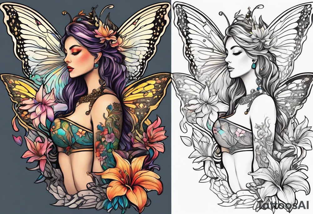 Forward-facing, portrait full length of creation goddess standing upright.  Butterflies. Lillies at feet. Arms raised and hands cupped towards sky. tattoo idea