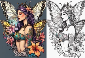 Forward-facing, portrait full length of creation goddess standing upright.  Butterflies. Lillies at feet. Arms raised and hands cupped towards sky. tattoo idea