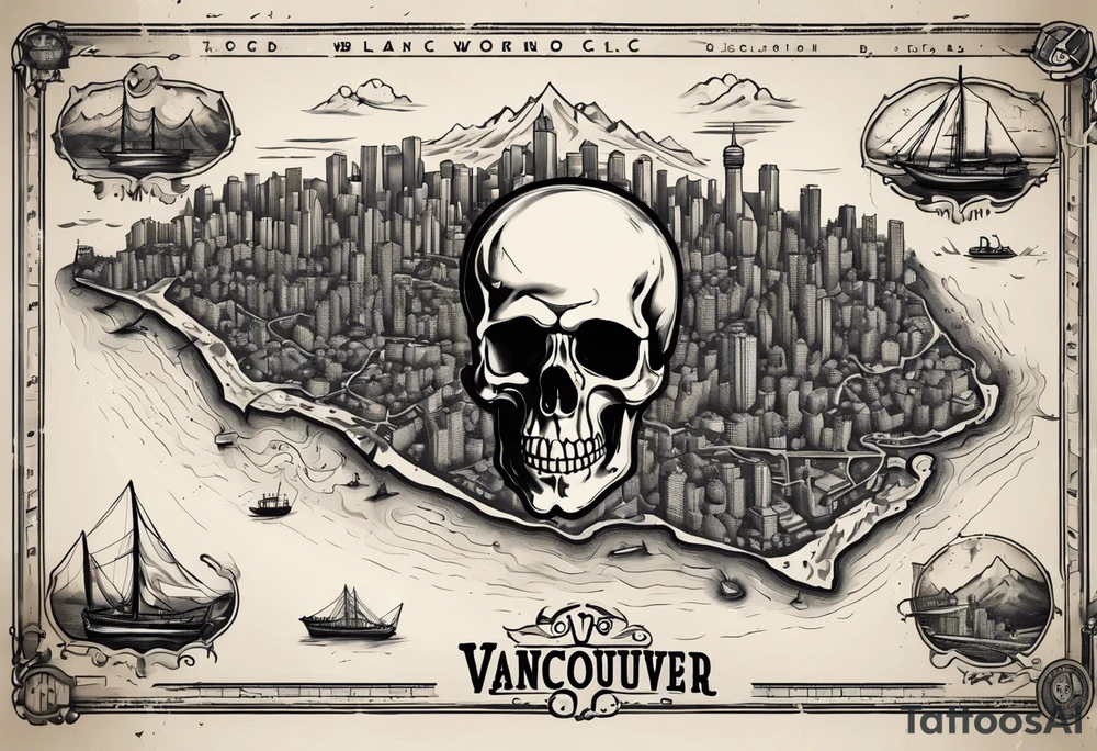 A overview old school map of vancouver B.C with water drop staining and a skull tattoo idea