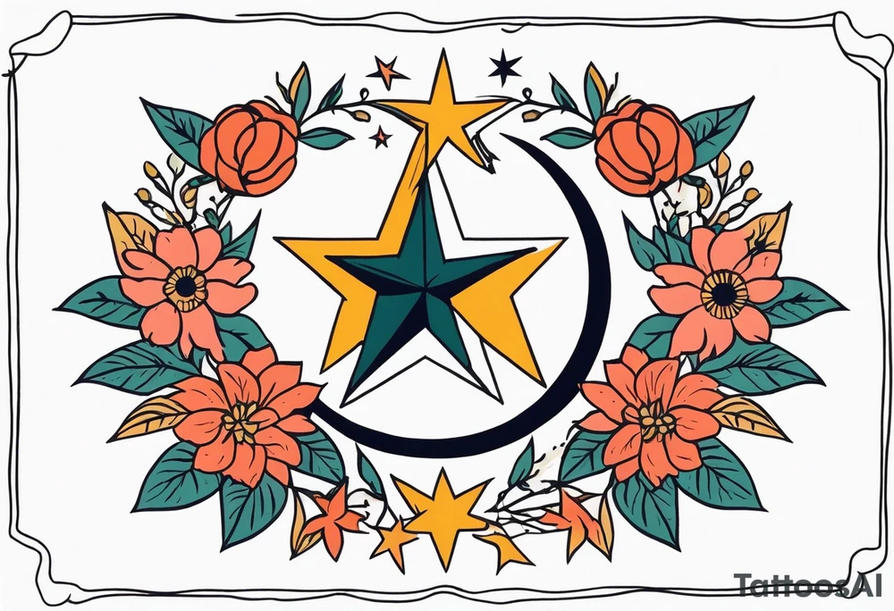 stars and moon

old school vintage simple traditional design with vintage flowers surrounding it bold color simple tattoo idea