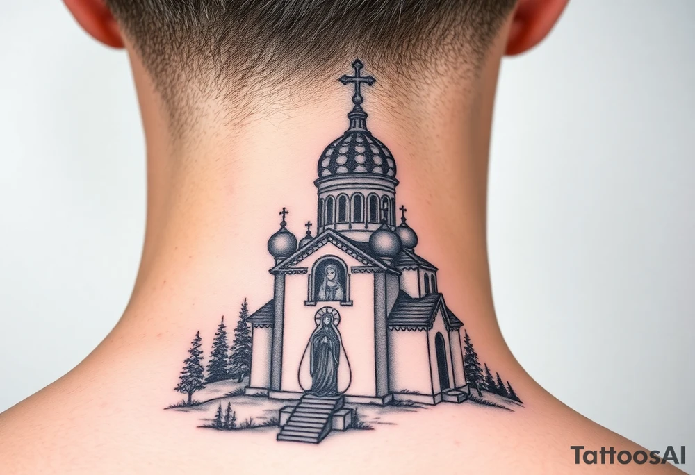 medium sized russian orthodox dome church with a visible virgin mary in a russian lakes country setting tattoo idea