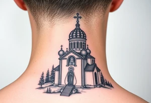 medium sized russian orthodox dome church with a visible virgin mary in a russian lakes country setting tattoo idea