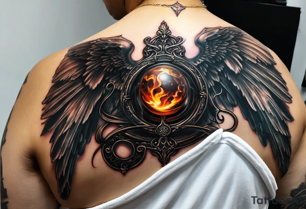A detailed balance scale tattoo features an elegant angel on one side, holding a glowing orb, with flowing robes and majestic wings symbolizing purity and peace. On the opposite side, a dark, menacing demon with fiery eyes and sharp claws grips the other pan, representing chaos and temptation, creating a striking contrast between good and evil. tattoo idea