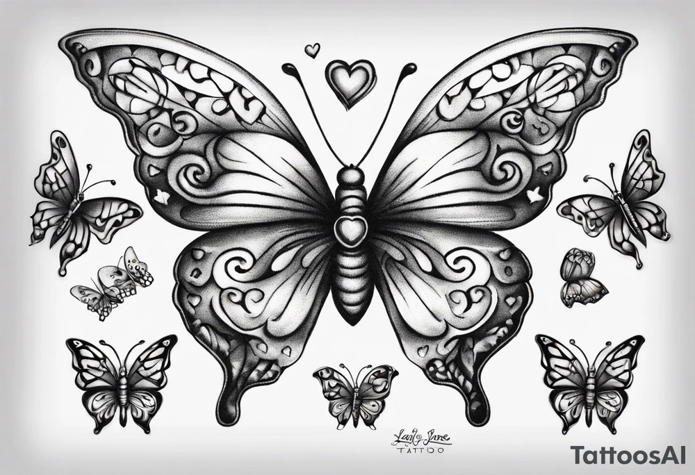 Butterfly with hearts, the name Layla Jones tattoo idea