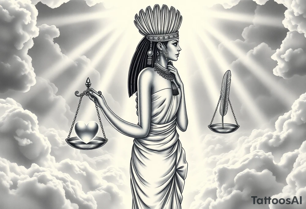 beautiful Egyptian goddess stands with her back slightly turned, accentuating her figure. Wearing a silk gown. She wears an elaborate ostrich feather headdress and ornate, intricate ancient Egyptian jewelry draped across her body. Her expression is mysterious and confident. In one hand, she holds the Scales of Justice: one side holds a radiant, glowing heart; the other, Ma’at’s feather. The scales themselves shimmer with an otherworldly light.
The background is a surreal, heavenly landscape filled with luminous clouds and beams of divine light piercing through, creating dramatic contrasts of deep shadows and highlights. The entire scene is bathed in an ethereal, mystical glow, with a dreamlike, almost supernatural atmosphere. tattoo idea
