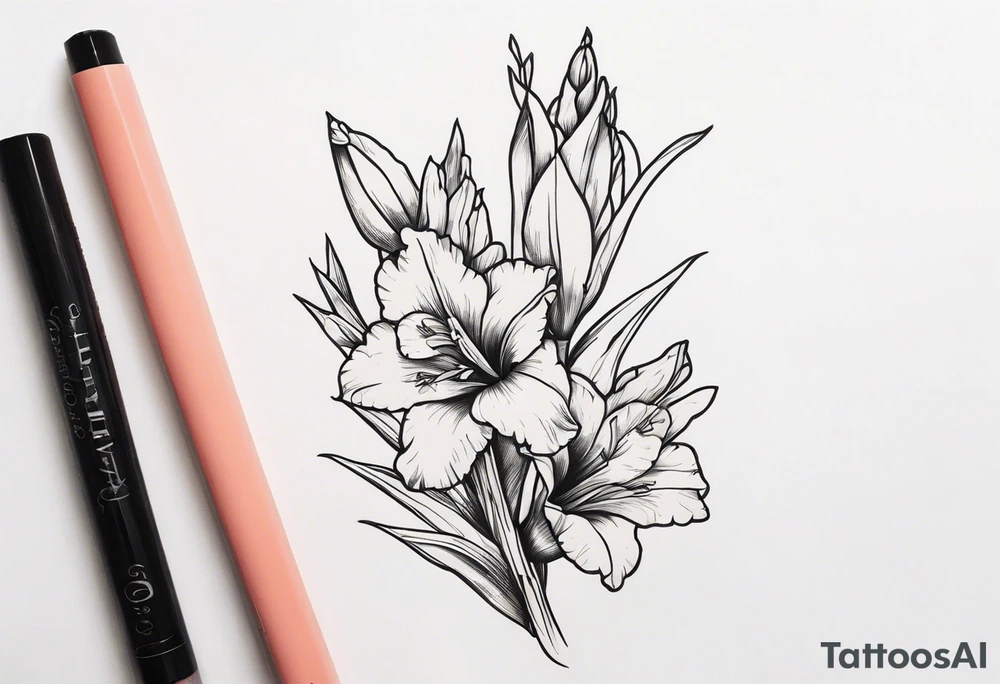 a narrow coral-colored gladiolus tattoo idea