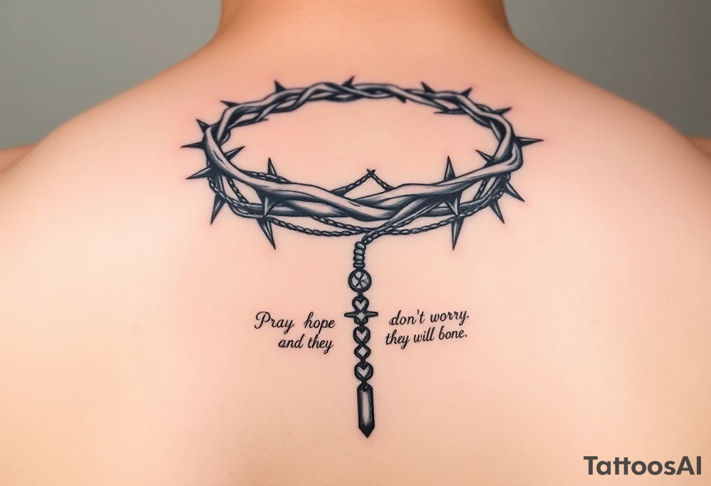 Crown of thorns, pray hope and don’t worry and they will be done, draped in rosary tattoo idea