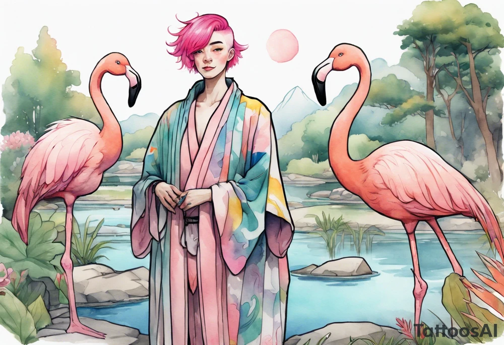 a smiling nonbinary person with pink hair wearing a rainbow medieval robe standing next to a single flamingo near a pond tattoo idea