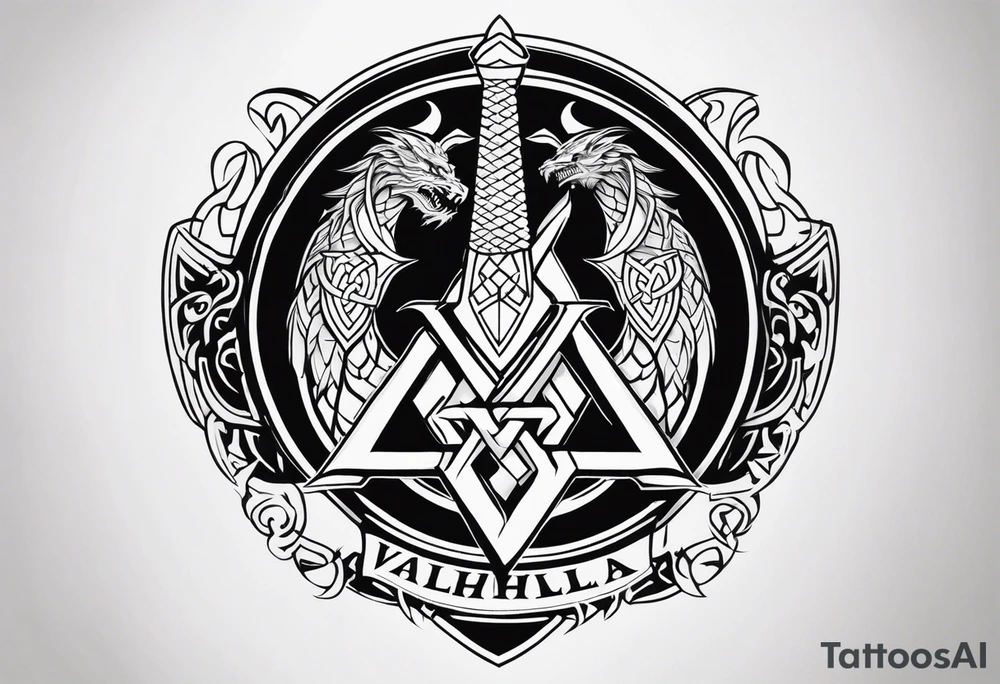 Valhalla sword shield dragon axe Valknut tattoo idea