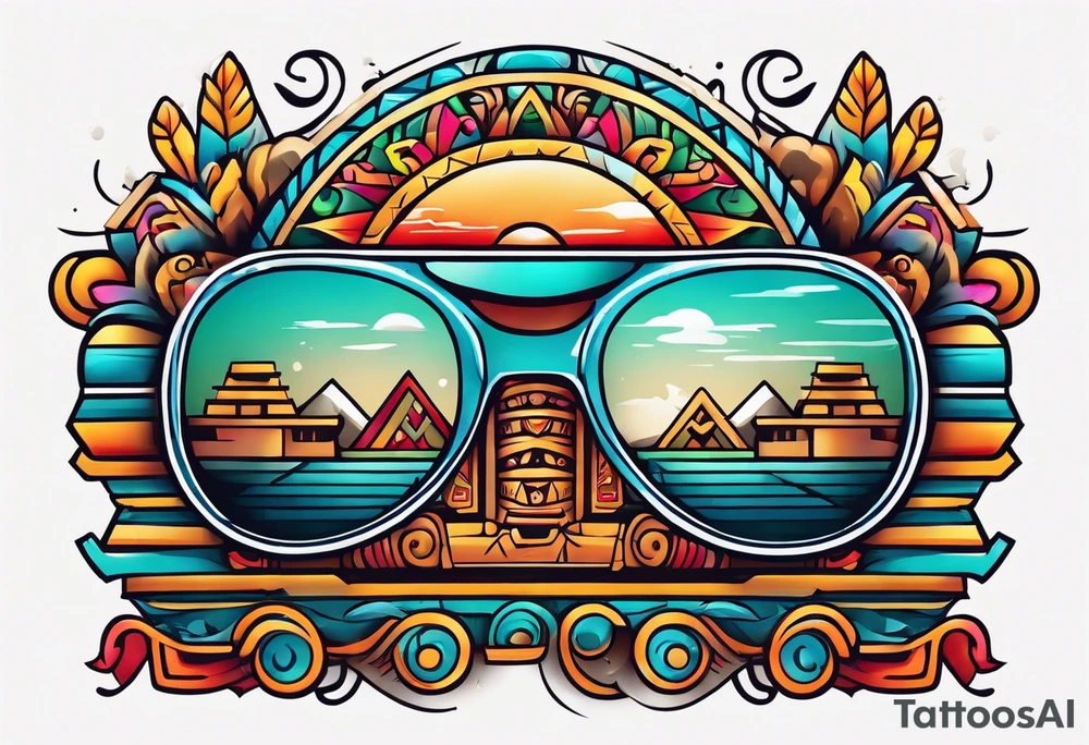 Colorful Mayan hieroglyph with sunglasses tattoo idea